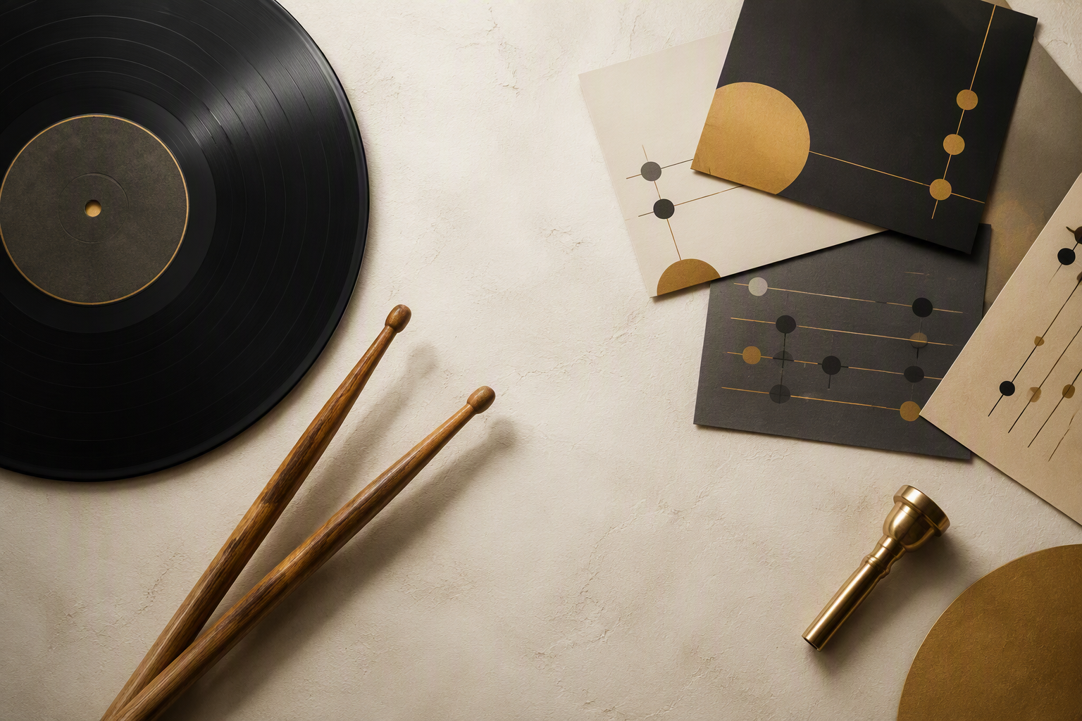 Schallplatte, Drumsticks und Trompetenmundstück als abstrakte Komposition zum Thema Jazzwissen und Musikkultur